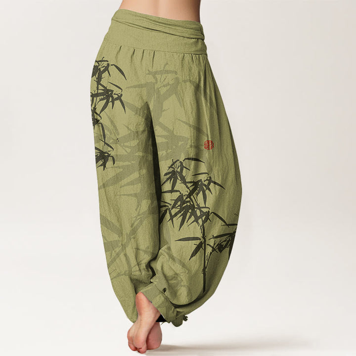 Pantaloni harem da donna in cotone elasticizzato con stampa Buddha Stones e foglie di bambù - image 2