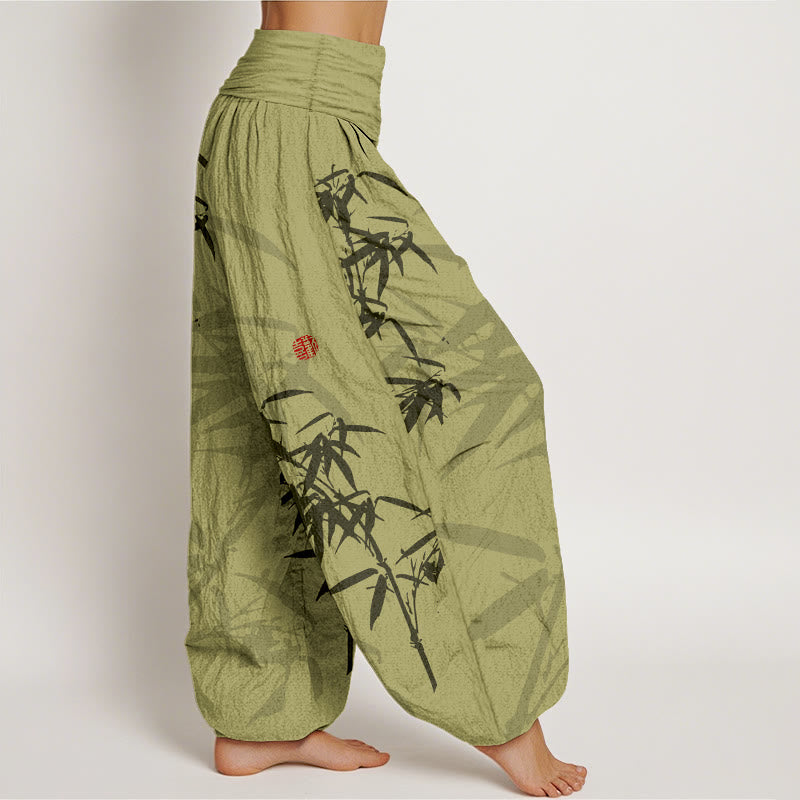 Pantaloni harem da donna in cotone elasticizzato con stampa Buddha Stones e foglie di bambù - image 1