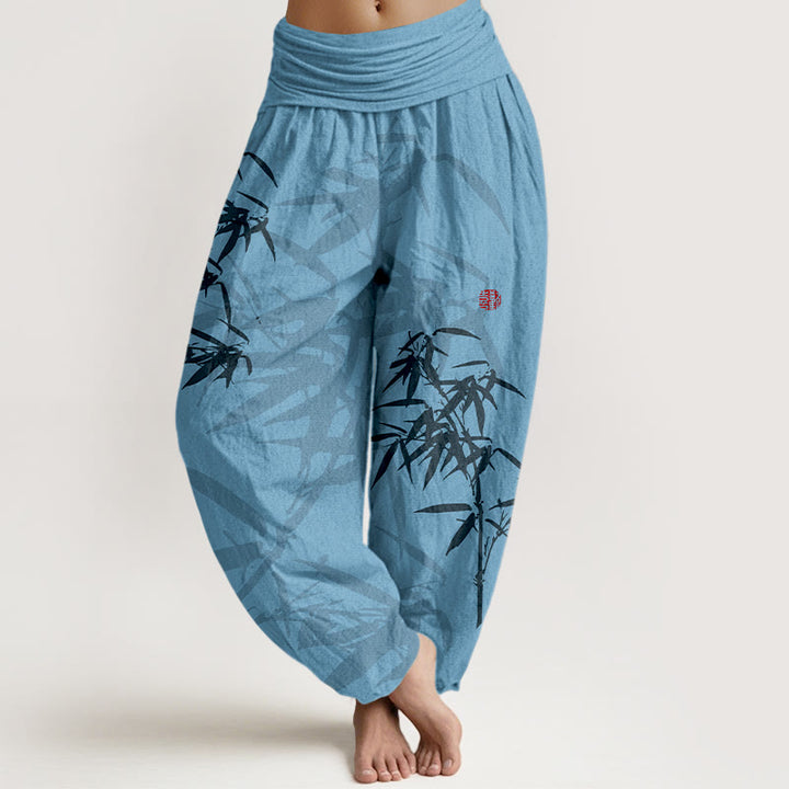 Pantaloni harem da donna in cotone elasticizzato con stampa Buddha Stones e foglie di bambù - Cielo blu - US16, UK/AU20, EU48 (3XL) - image 5