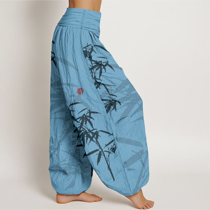 Pantaloni harem da donna in cotone elasticizzato con stampa Buddha Stones e foglie di bambù - image 6