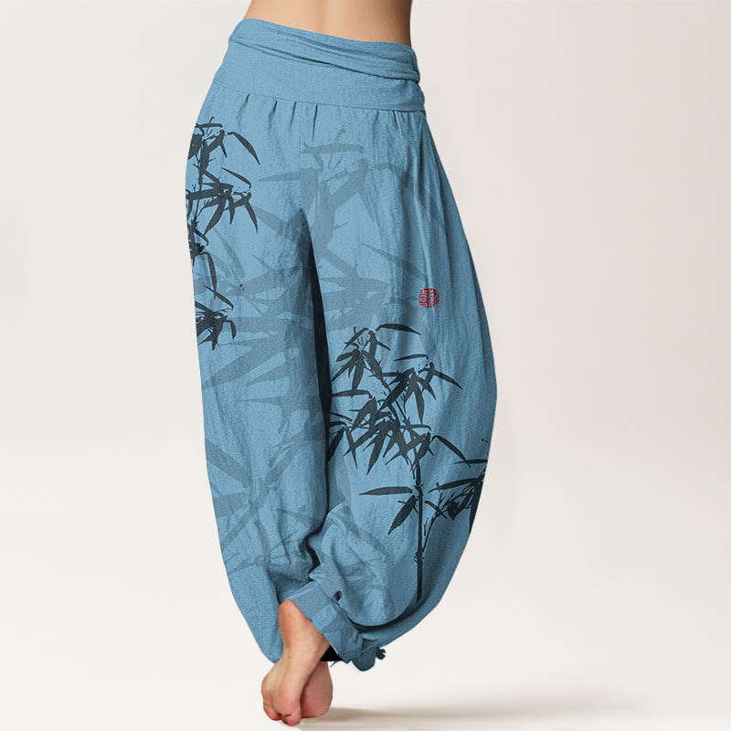 Pantaloni harem da donna in cotone elasticizzato con stampa Buddha Stones e foglie di bambù - image 7