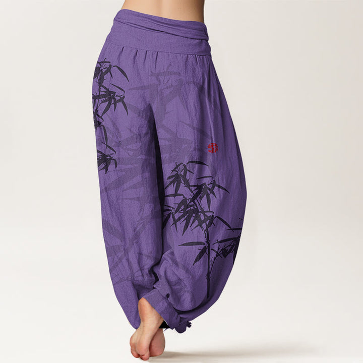 Pantaloni harem da donna in cotone elasticizzato con stampa Buddha Stones e foglie di bambù - image 10