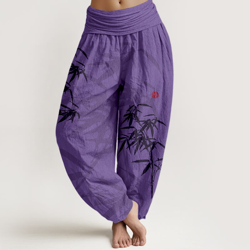 Pantaloni harem da donna in cotone elasticizzato con stampa Buddha Stones e foglie di bambù - DarkOrchid - US16, UK/AU20, EU48 (3XL) - image 8