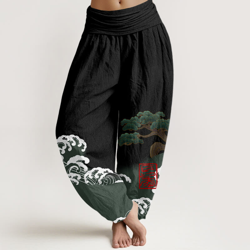 Pantaloni harem da donna in cotone puro con stampa Buddha Stones e motivo di onde ondulate e pini - Nero - US16, UK/AU20, EU48 (3XL) - image 0