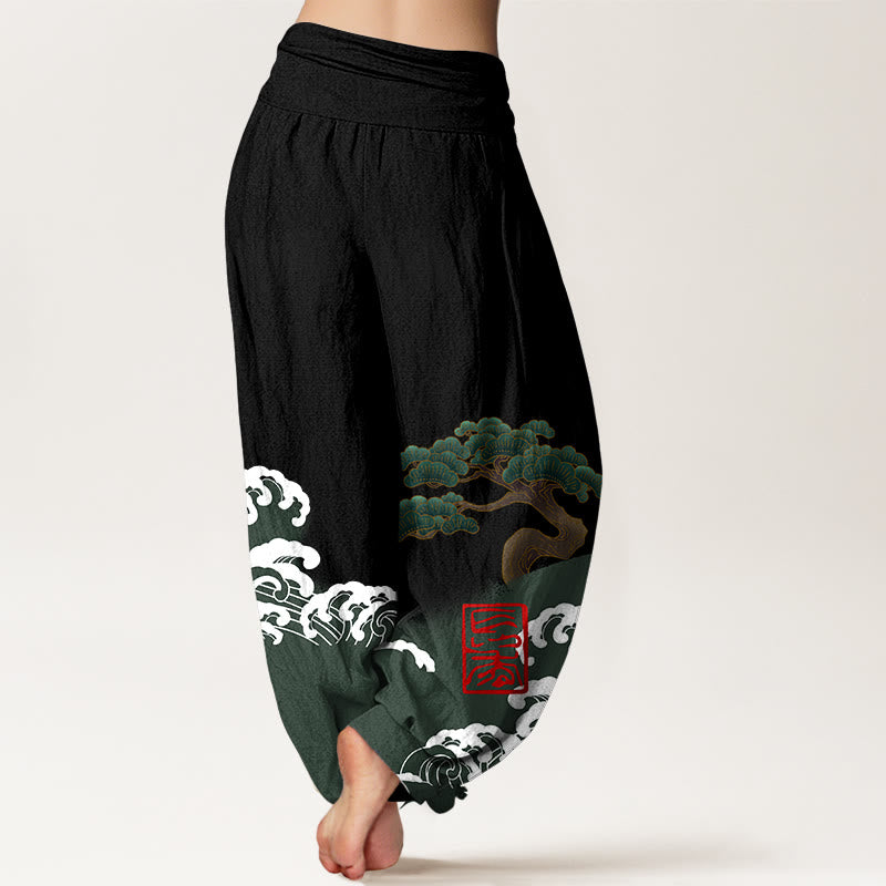 Pantaloni harem da donna in cotone puro con stampa Buddha Stones e motivo di onde ondulate e pini - image 2