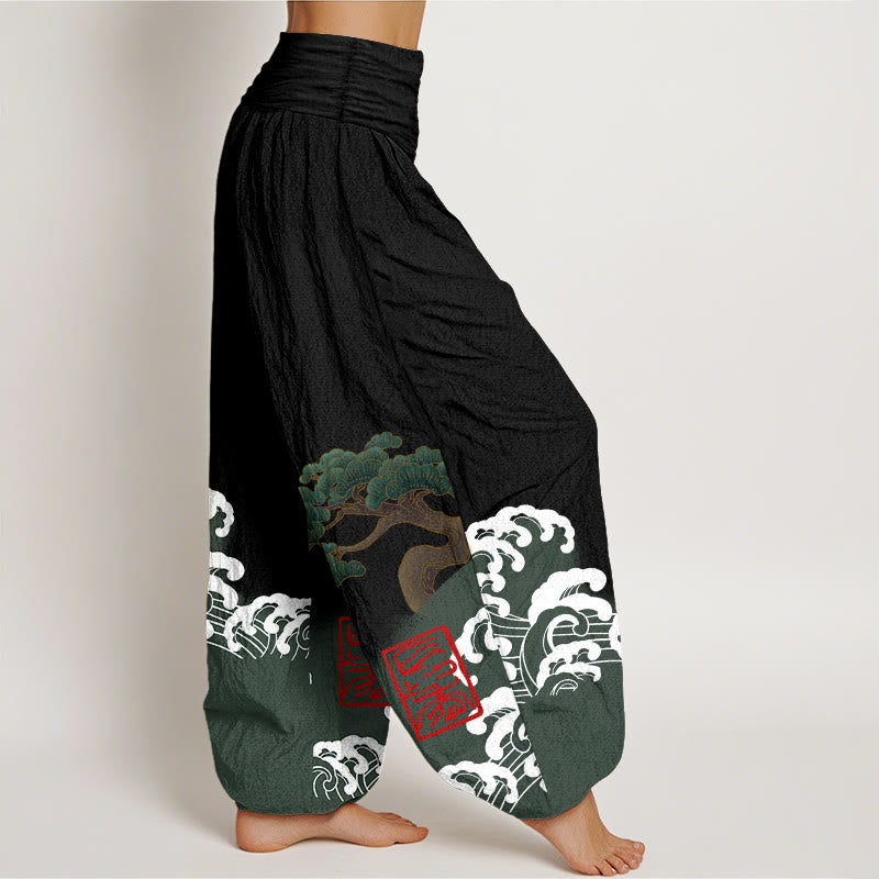 Pantaloni harem da donna in cotone puro con stampa Buddha Stones e motivo di onde ondulate e pini - image 1
