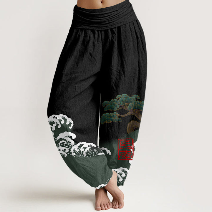 Pantaloni harem da donna in cotone puro con stampa Buddha Stones e motivo di onde ondulate e pini - Nero - US16, UK/AU20, EU48 (3XL) - image 0