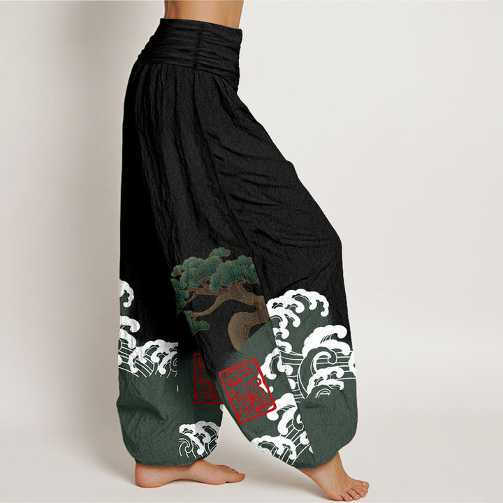 Pantaloni harem da donna in cotone puro con stampa Buddha Stones e motivo di onde ondulate e pini - image 1