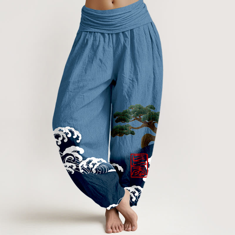 Pantaloni harem da donna in cotone puro con stampa Buddha Stones e motivo di onde ondulate e pini - SteelBlue - US16, UK/AU20, EU48 (3XL) - image 5