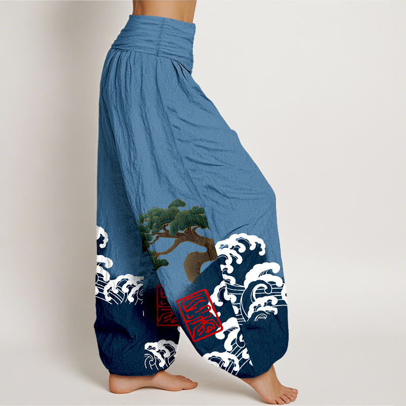 Pantaloni harem da donna in cotone puro con stampa Buddha Stones e motivo di onde ondulate e pini - image 6