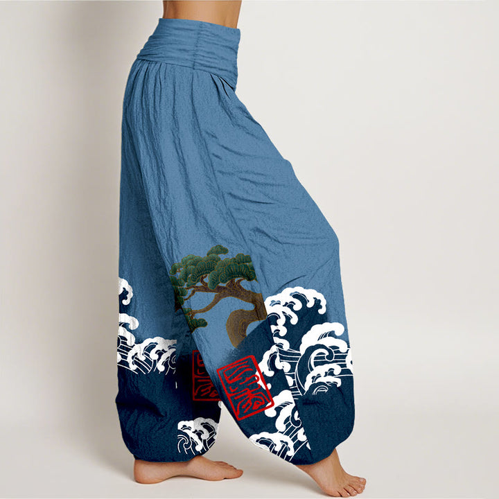 Pantaloni harem da donna in cotone puro con stampa Buddha Stones e motivo di onde ondulate e pini - image 6