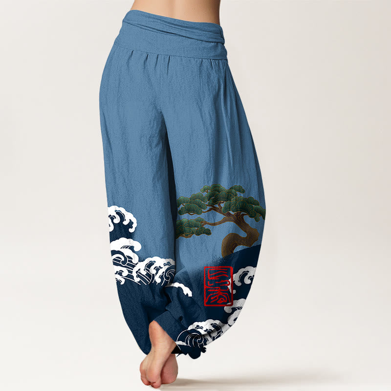 Pantaloni harem da donna in cotone puro con stampa Buddha Stones e motivo di onde ondulate e pini - image 7