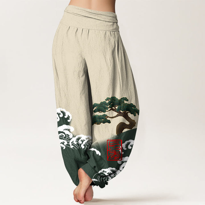 Pantaloni harem da donna in cotone puro con stampa Buddha Stones e motivo di onde ondulate e pini - image 10