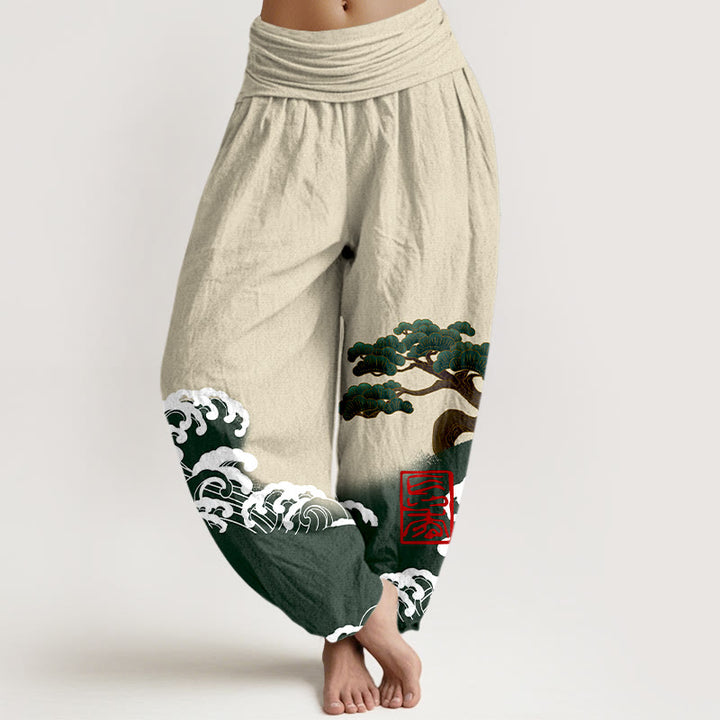 Pantaloni harem da donna in cotone puro con stampa Buddha Stones e motivo di onde ondulate e pini - Beige - US16, UK/AU20, EU48 (3XL) - image 8