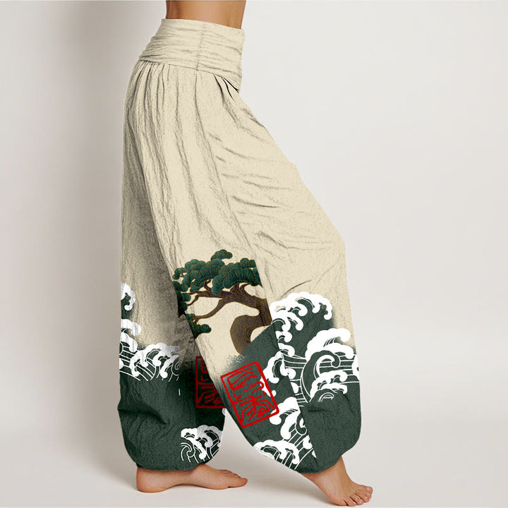 Pantaloni harem da donna in cotone puro con stampa Buddha Stones e motivo di onde ondulate e pini - image 9
