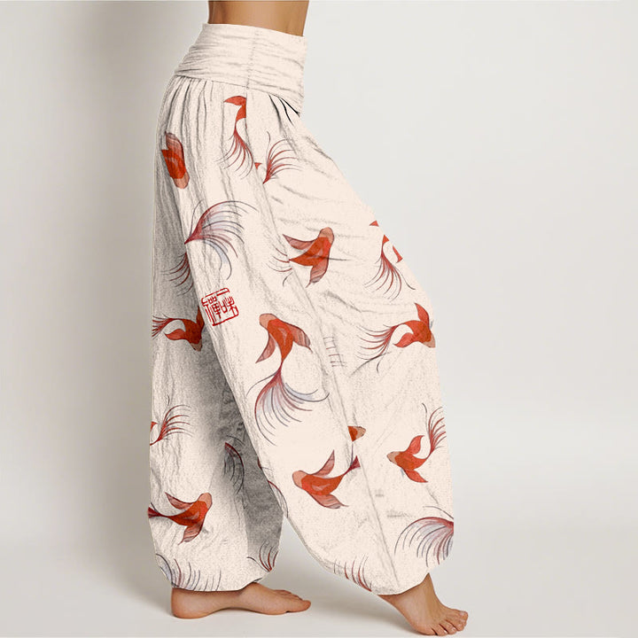 Pantaloni harem da donna in cotone elasticizzato con stampa Buddha Stones e motivo di pesci koi - image 1