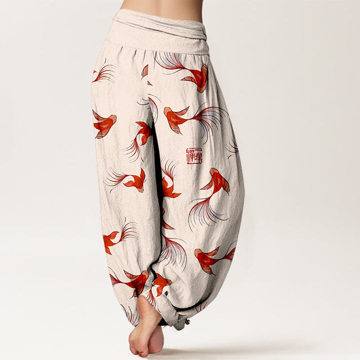 Pantaloni harem da donna in cotone elasticizzato con stampa Buddha Stones e motivo di pesci koi - image 2