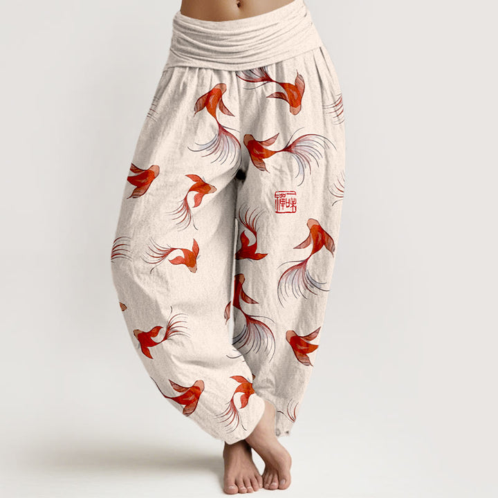 Pantaloni harem da donna in cotone elasticizzato con stampa Buddha Stones e motivo di pesci koi - PapayaWhip - US16, UK/AU20, EU48 (3XL) - image 0
