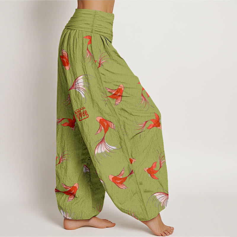 Pantaloni harem da donna in cotone elasticizzato con stampa Buddha Stones e motivo di pesci koi - image 6