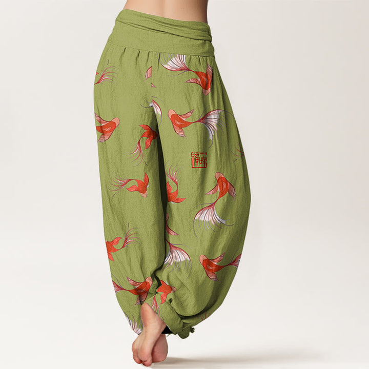 Pantaloni harem da donna in cotone elasticizzato con stampa Buddha Stones e motivo di pesci koi - image 7