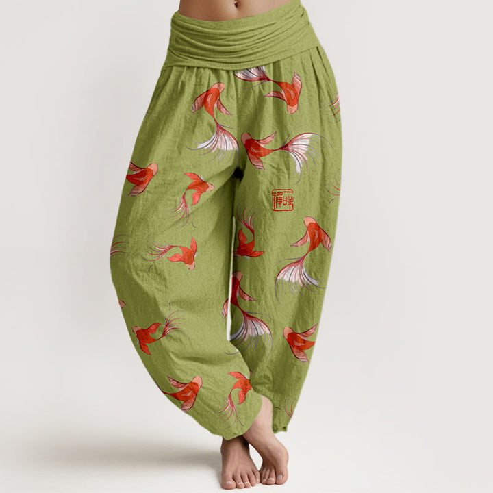 Pantaloni harem da donna in cotone elasticizzato con stampa Buddha Stones e motivo di pesci koi - GialloVerde - US16, UK/AU20, EU48 (3XL) - image 5
