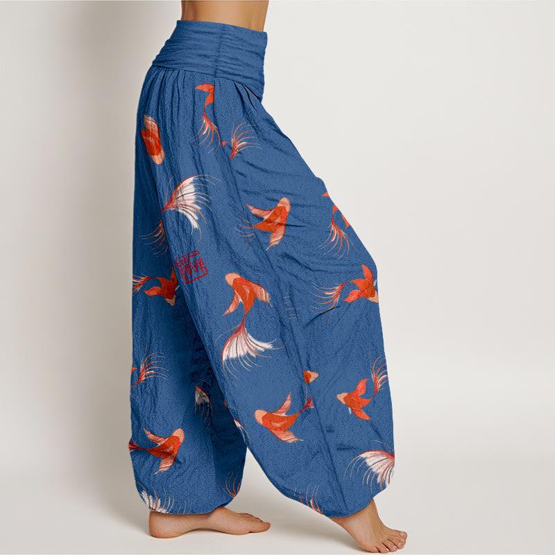 Pantaloni harem da donna in cotone elasticizzato con stampa Buddha Stones e motivo di pesci koi - image 9