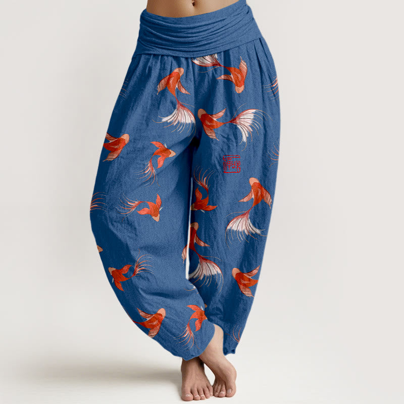 Pantaloni harem da donna in cotone elasticizzato con stampa Buddha Stones e motivo di pesci koi - Blu scuro - US16, UK/AU20, EU48 (3XL) - image 8