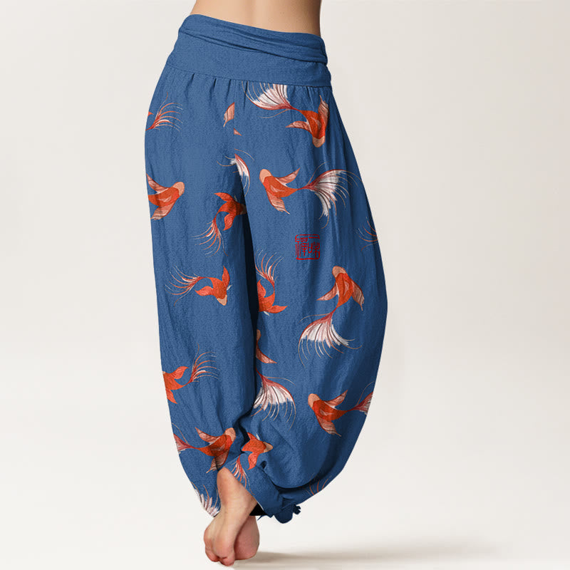 Pantaloni harem da donna in cotone elasticizzato con stampa Buddha Stones e motivo di pesci koi - image 10