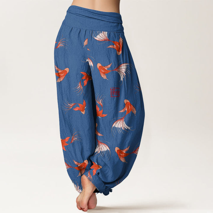Pantaloni harem da donna in cotone elasticizzato con stampa Buddha Stones e motivo di pesci koi - image 10