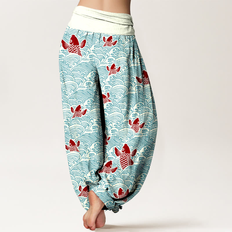 Pantaloni harem da donna in puro cotone con elastico in vita, stampa Buddha Stones, pesci koi e onde - image 2
