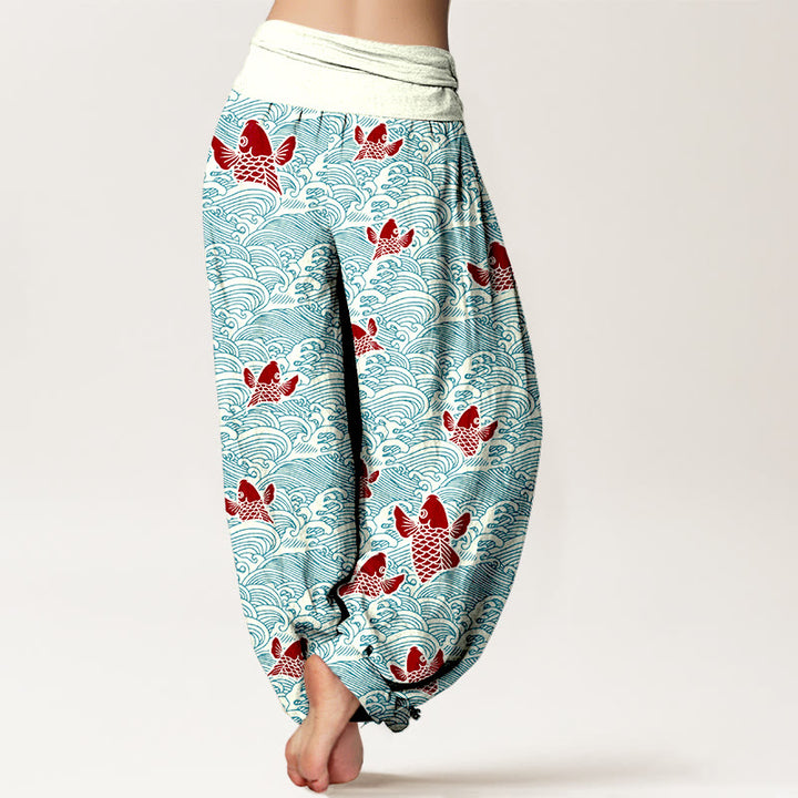 Pantaloni harem da donna in puro cotone con elastico in vita, stampa Buddha Stones, pesci koi e onde - image 2