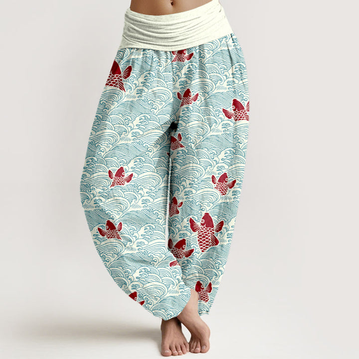 Pantaloni harem da donna in puro cotone con elastico in vita, stampa Buddha Stones, pesci koi e onde - Ciano chiaro - US16, UK/AU20, EU48 (3XL) - image 0