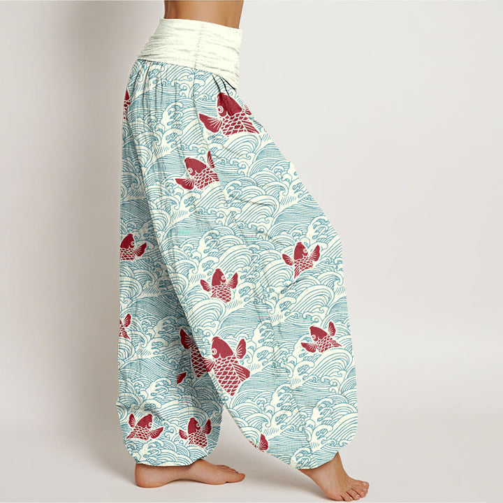Pantaloni harem da donna in puro cotone con elastico in vita, stampa Buddha Stones, pesci koi e onde - image 1