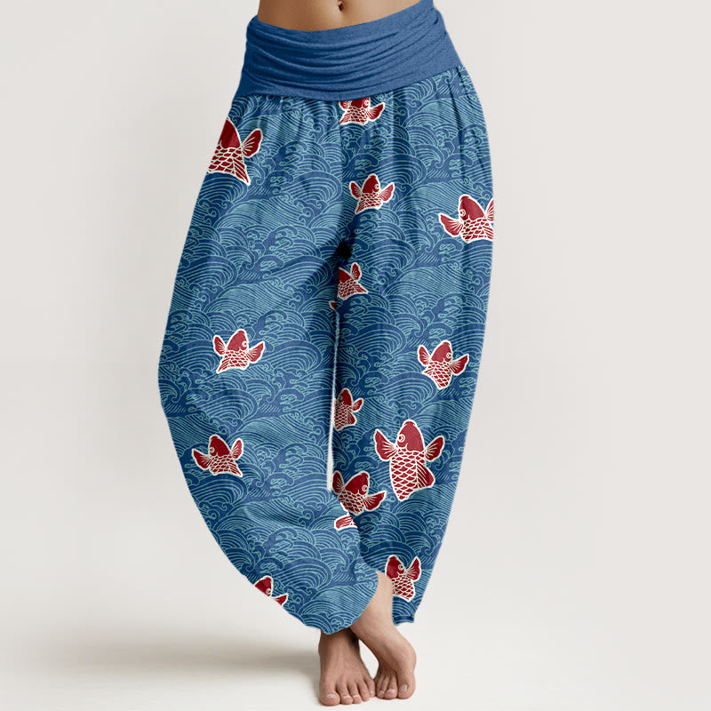 Pantaloni harem da donna in puro cotone con elastico in vita, stampa Buddha Stones, pesci koi e onde - Blu reale - US16, UK/AU20, EU48 (3XL) - image 5