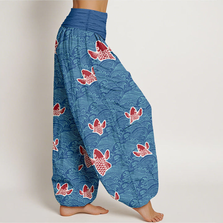 Pantaloni harem da donna in puro cotone con elastico in vita, stampa Buddha Stones, pesci koi e onde - image 6