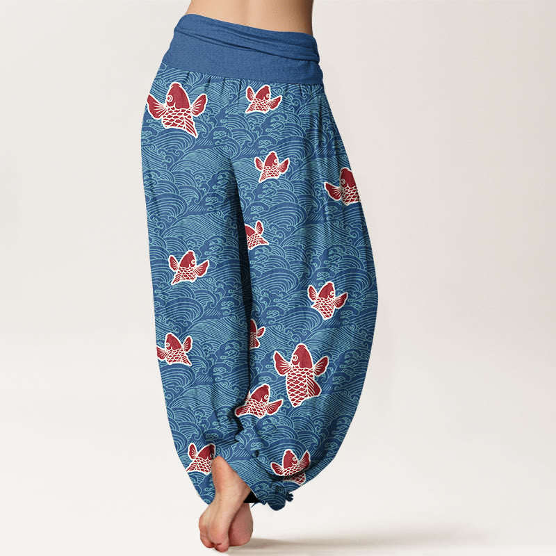 Pantaloni harem da donna in puro cotone con elastico in vita, stampa Buddha Stones, pesci koi e onde - image 7