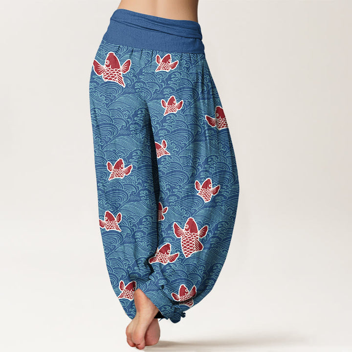 Pantaloni harem da donna in puro cotone con elastico in vita, stampa Buddha Stones, pesci koi e onde - image 7