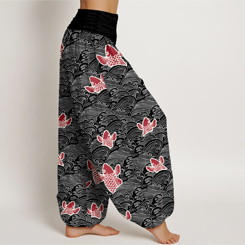 Pantaloni harem da donna in puro cotone con elastico in vita, stampa Buddha Stones, pesci koi e onde - image 9