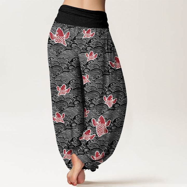 Pantaloni harem da donna in puro cotone con elastico in vita, stampa Buddha Stones, pesci koi e onde - image 10