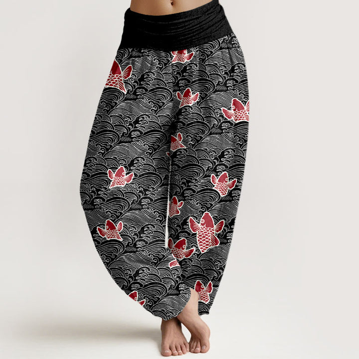 Pantaloni harem da donna in puro cotone con elastico in vita, stampa Buddha Stones, pesci koi e onde - Nero - US16, UK/AU20, EU48 (3XL) - image 8