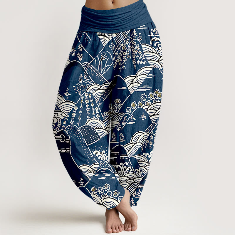 Pantaloni harem da donna in puro cotone con elastico in vita, motivo floreale e stampa di montagne e Buddha Stones - Blu notte - US16, UK/AU20, EU48 (3XL) - image 0