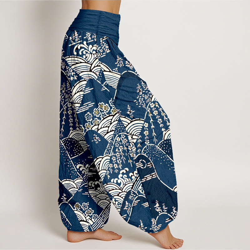 Pantaloni harem da donna in puro cotone con elastico in vita, motivo floreale e stampa di montagne e Buddha Stones - image 1