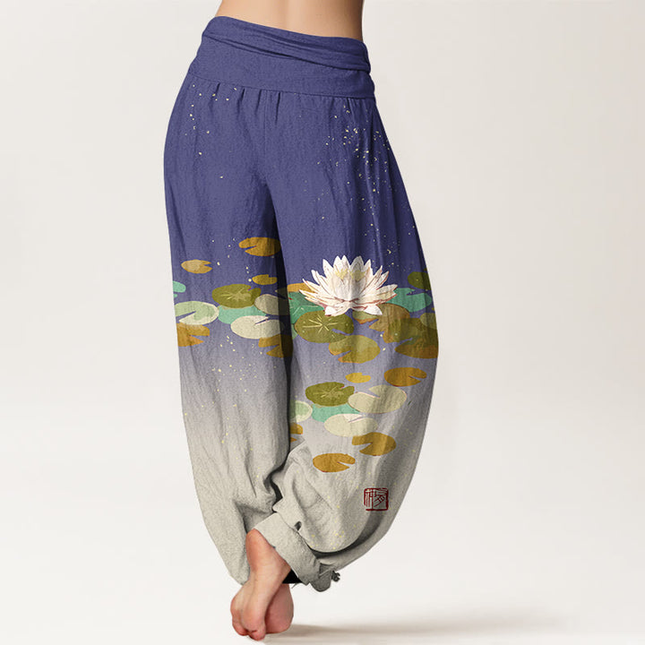 Pantaloni harem da donna in puro cotone con elastico in vita e motivo a foglie di loto bianco stampato Buddha Stones - image 7
