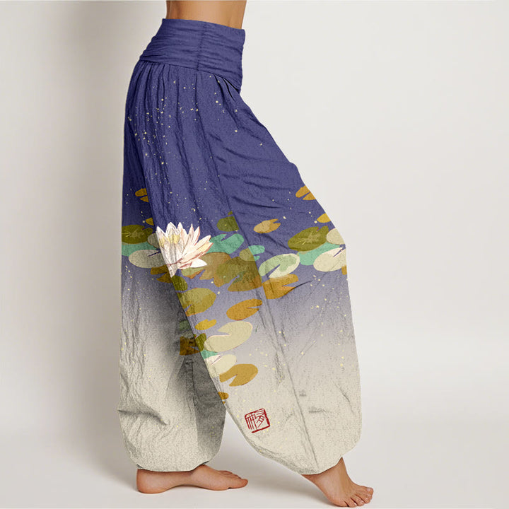 Pantaloni harem da donna in puro cotone con elastico in vita e motivo a foglie di loto bianco stampato Buddha Stones - image 6