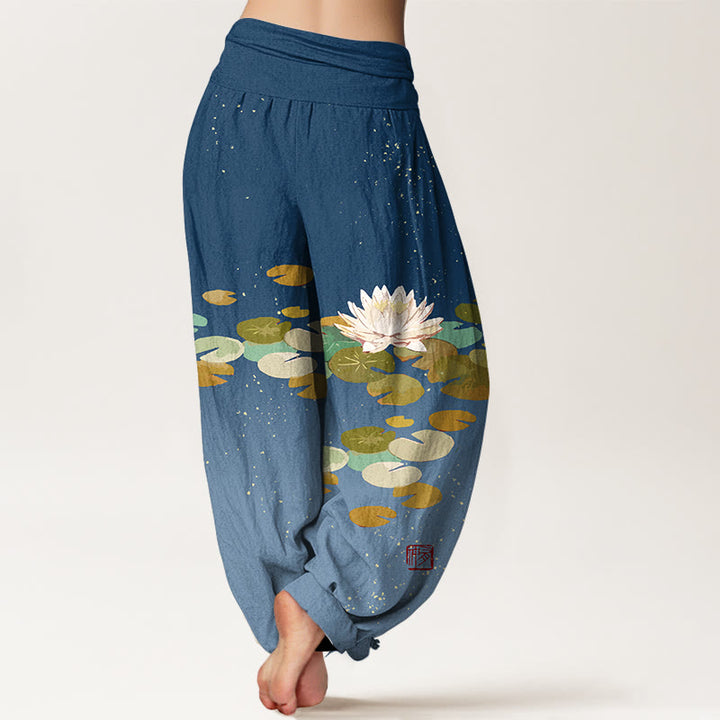 Pantaloni harem da donna in puro cotone con elastico in vita e motivo a foglie di loto bianco stampato Buddha Stones - image 10