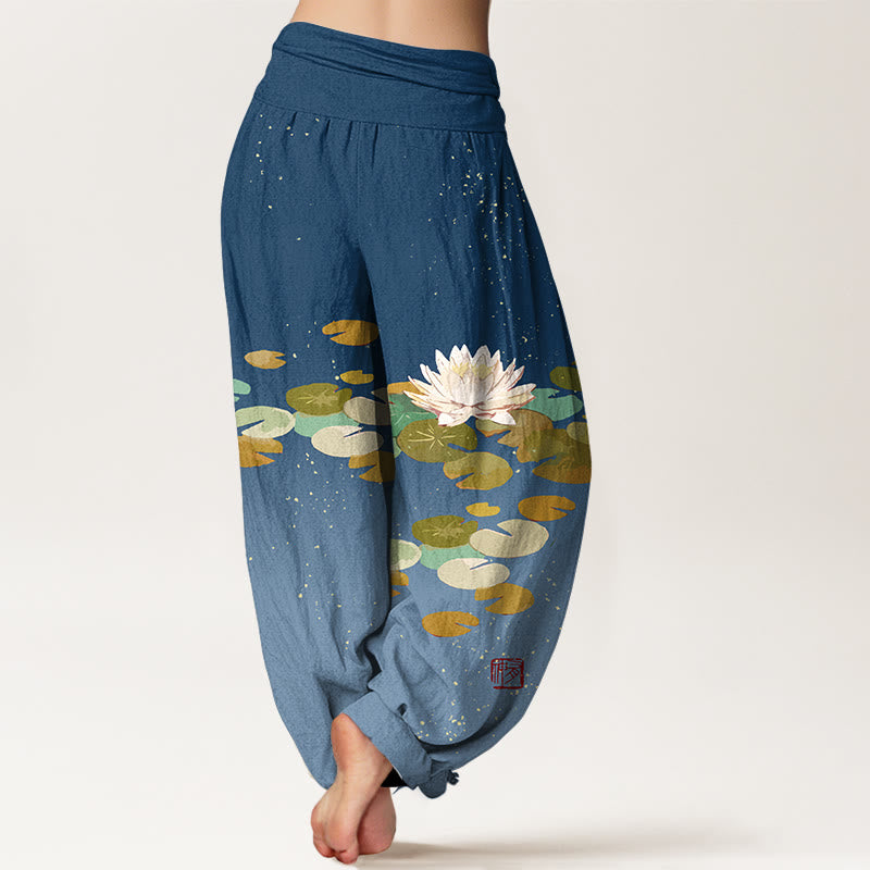 Pantaloni harem da donna in puro cotone con elastico in vita e motivo a foglie di loto bianco stampato Buddha Stones - image 10