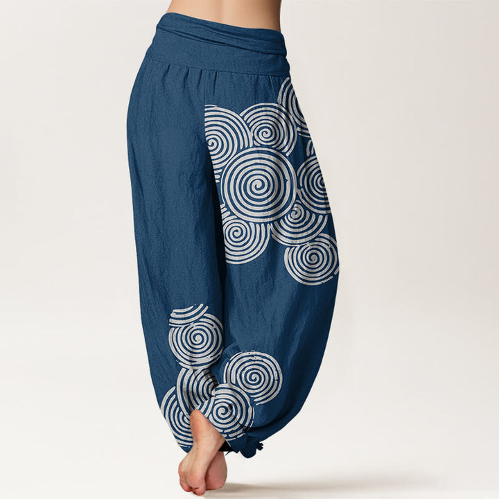 Pantaloni harem da donna in puro cotone con elastico in vita e motivo a spirale bianco stampato Buddha Stones - image 2