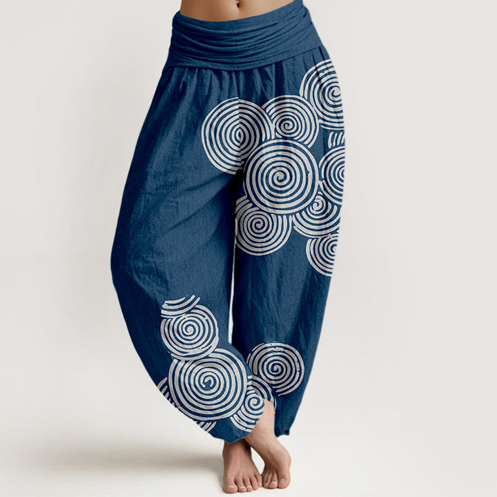 Pantaloni harem da donna in puro cotone con elastico in vita e motivo a spirale bianco stampato Buddha Stones - SteelBlue - US16, UK/AU20, EU48 (3XL) - image 0