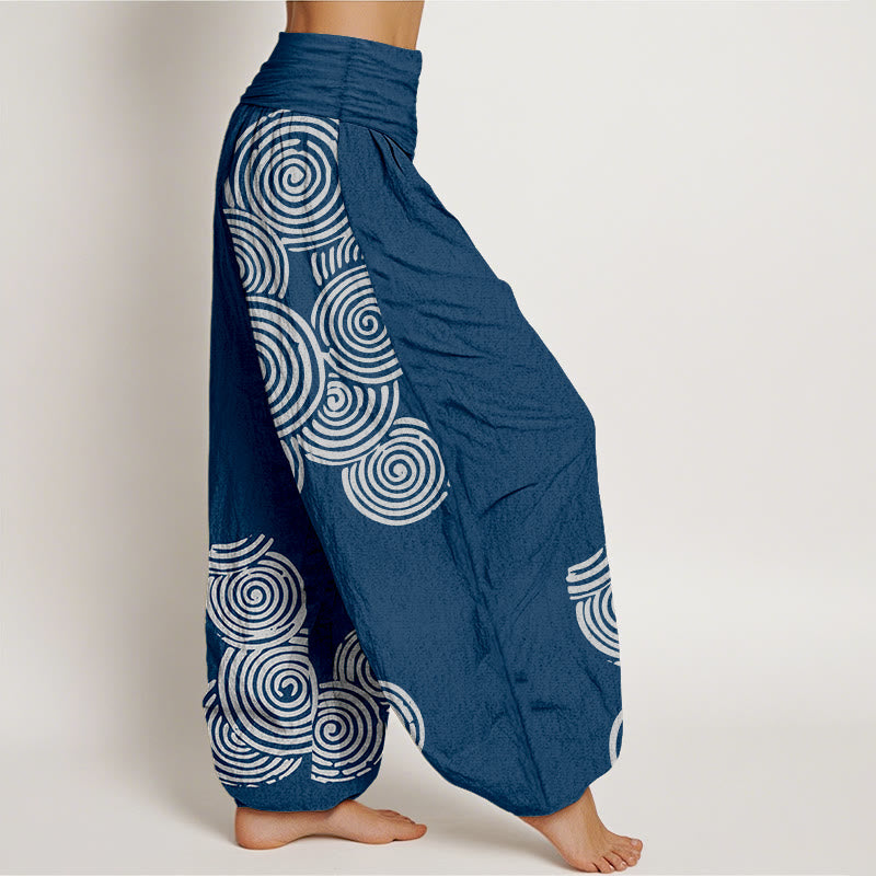 Pantaloni harem da donna in puro cotone con elastico in vita e motivo a spirale bianco stampato Buddha Stones - image 1