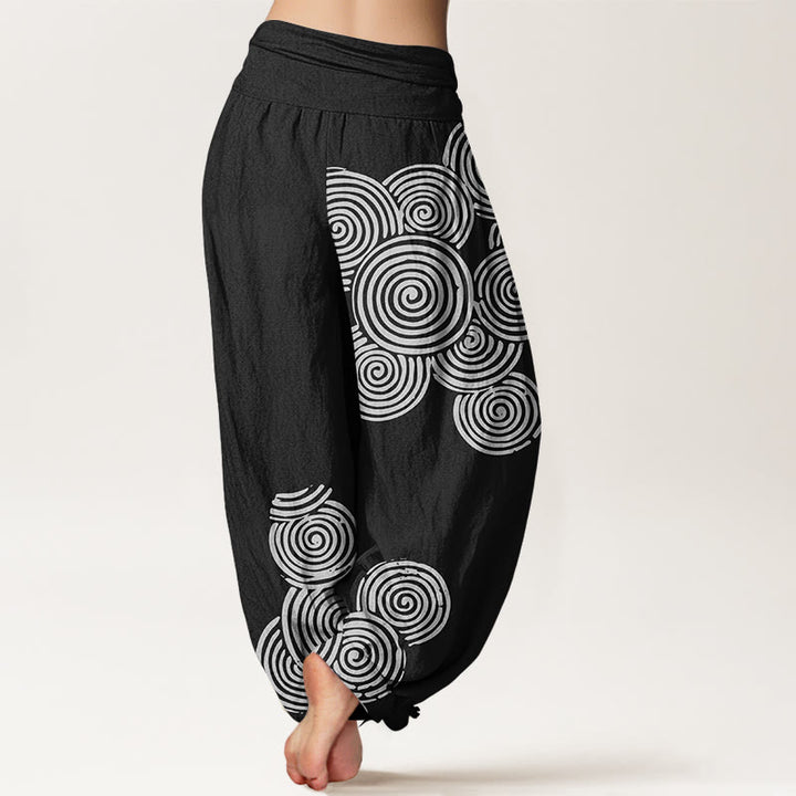Pantaloni harem da donna in puro cotone con elastico in vita e motivo a spirale bianco stampato Buddha Stones - image 7